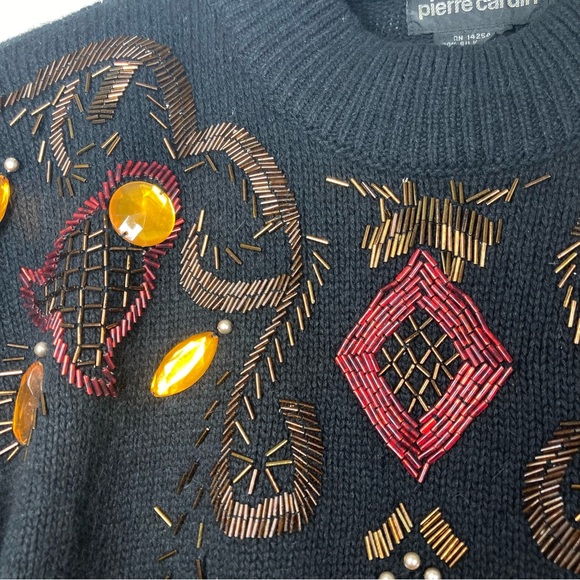 Vintage Pierre Cardin Silk Beaded Sweater Black L Rabbit Hair Shoulder Pads - Picture 5 of 14